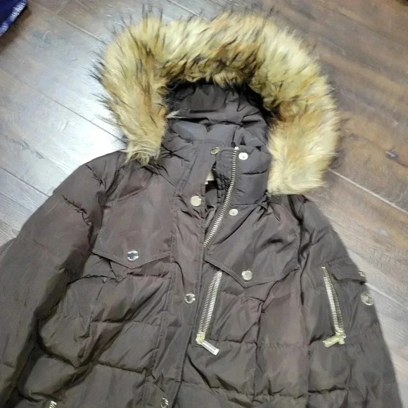 Michael KorsWomen's Faux-Fur-Trim Hooded Down Coat Size S Brown Puffer - Picture 4 of 7